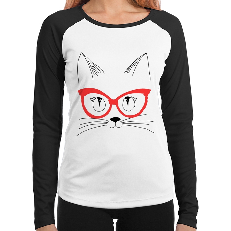 Baby Look Raglan Gato De Óculos Manga Longa