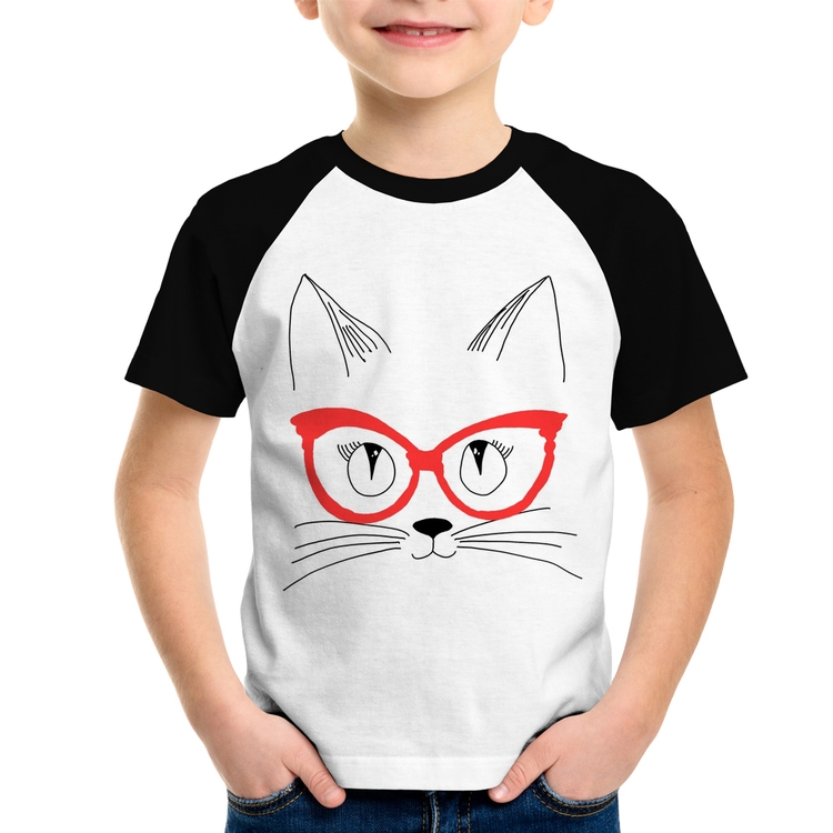 Camiseta Raglan Infantil Gato De Óculos