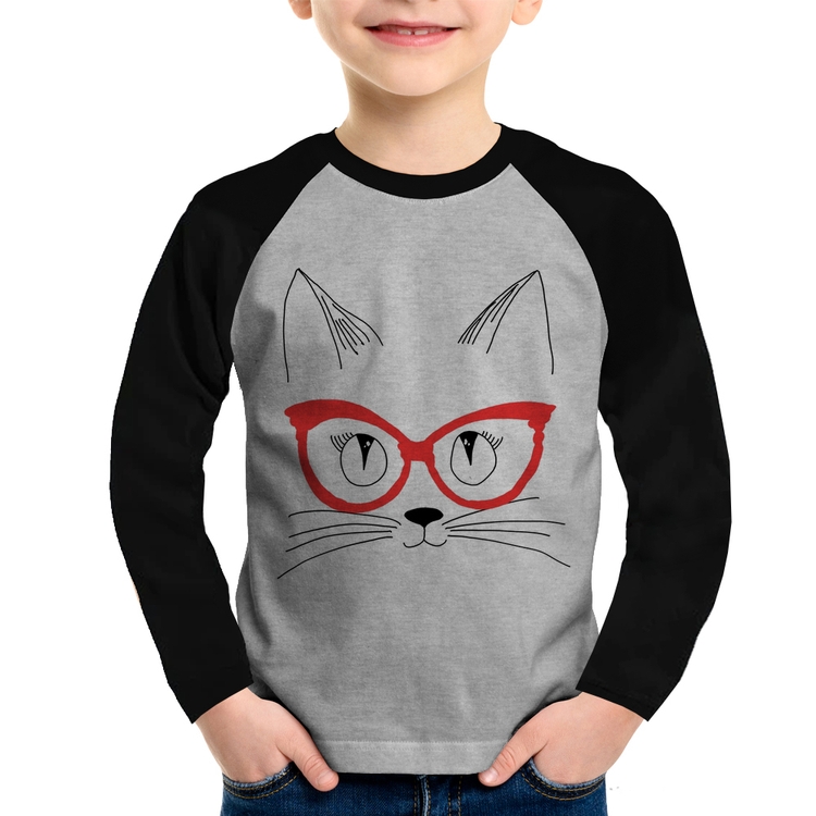 Camiseta Raglan Infantil Gato De Óculos Manga Longa - Cinza/Preto