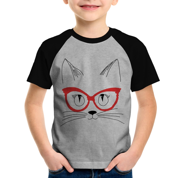 Camiseta Raglan Infantil Gato De Óculos - Cinza/Preto