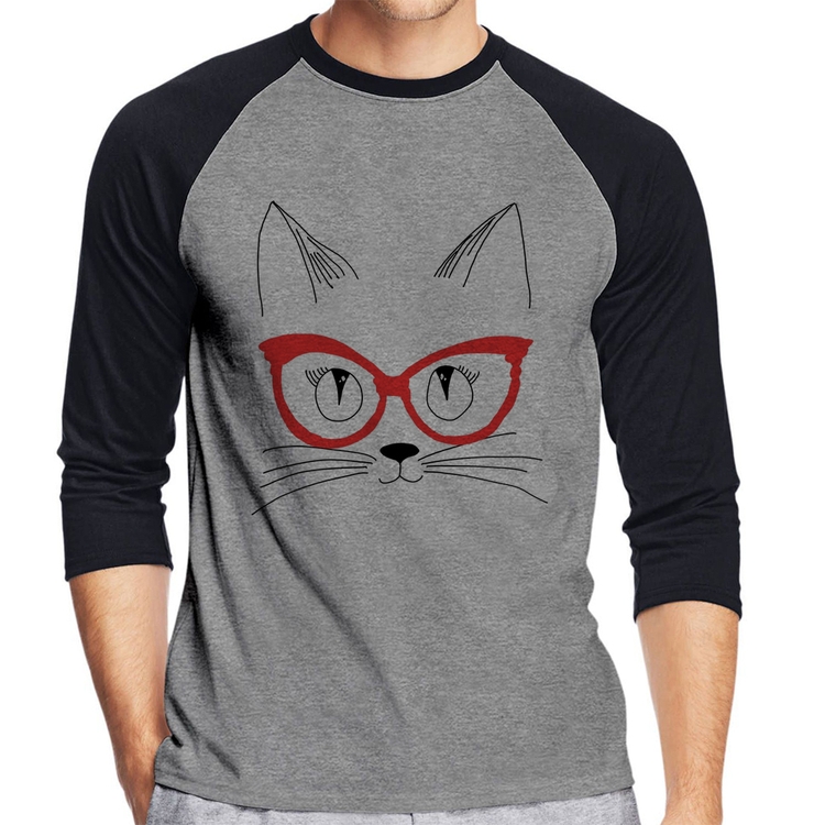 Camiseta Raglan Gato De Óculos Manga 3/4 - Cinza/Preto