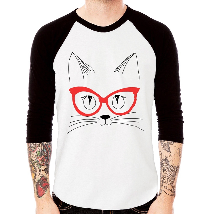 Camiseta Raglan Gato De Óculos Manga 3/4