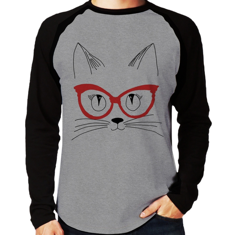 Camiseta Raglan Gato De Óculos Manga Longa - Cinza/Preto