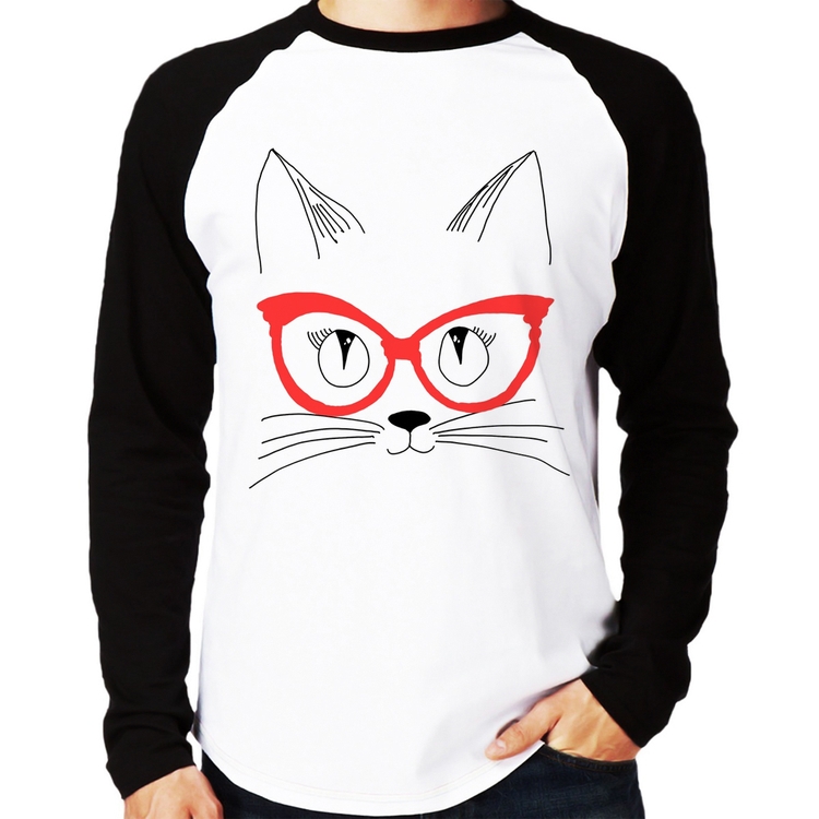 Camiseta Raglan Gato De Óculos Manga Longa