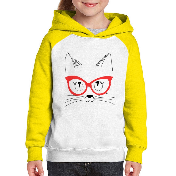 Moletom Infantil Gato De Óculos - Branco/Amarelo