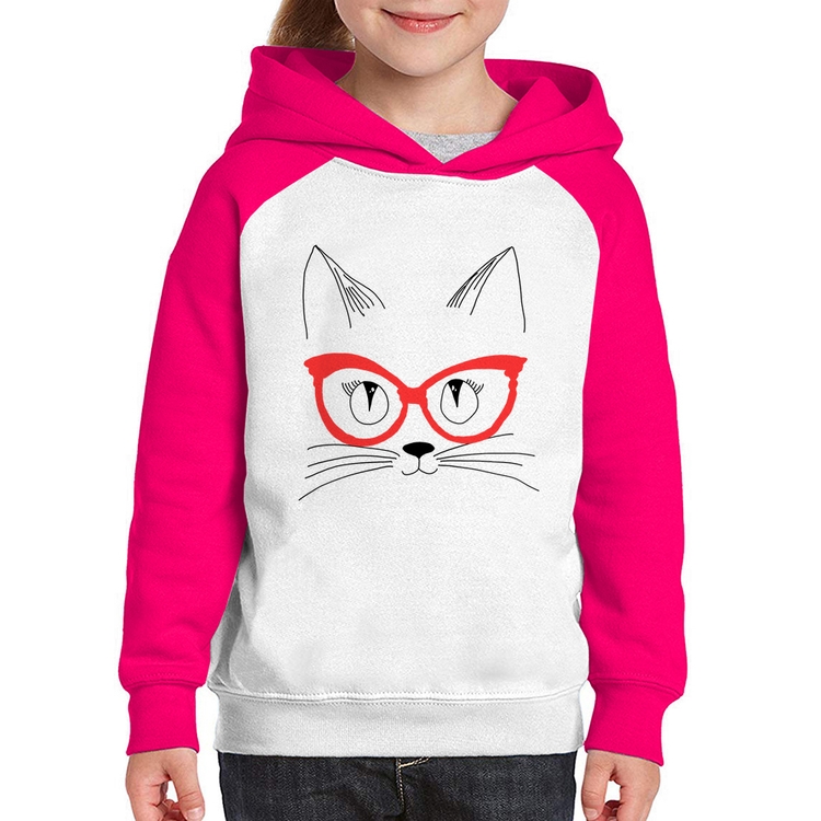Moletom Infantil Gato De Óculos - Branco/Rosa