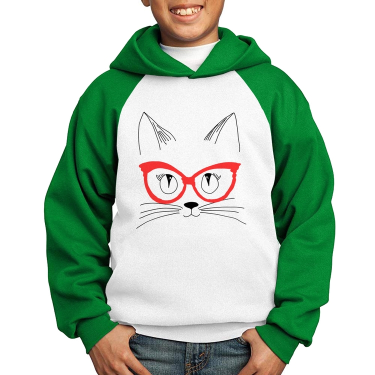 Moletom Infantil Gato De Óculos - Branco/Verde