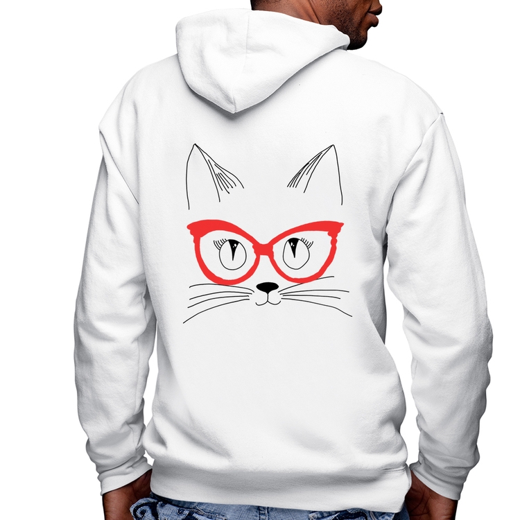 Blusa Moletom Gato De Óculos Masculina com Capuz e Zíper - Branca