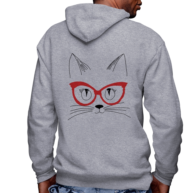 Blusa Moletom Gato De Óculos Masculina com Capuz e Zíper - Mescla