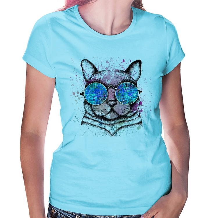 Baby Look Gato de Óculos Psicodélico - Azul Bebê