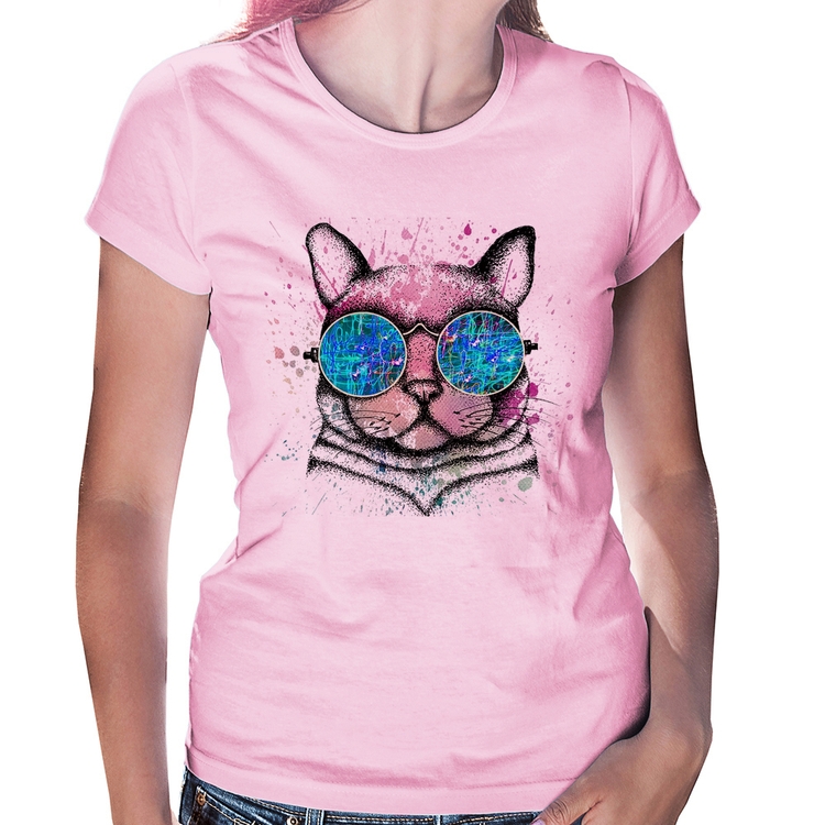 Baby Look Gato de Óculos Psicodélico - Rosa Bebê