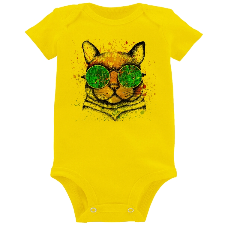 Body Bebê Gato de Óculos Psicodélico - Amarelo