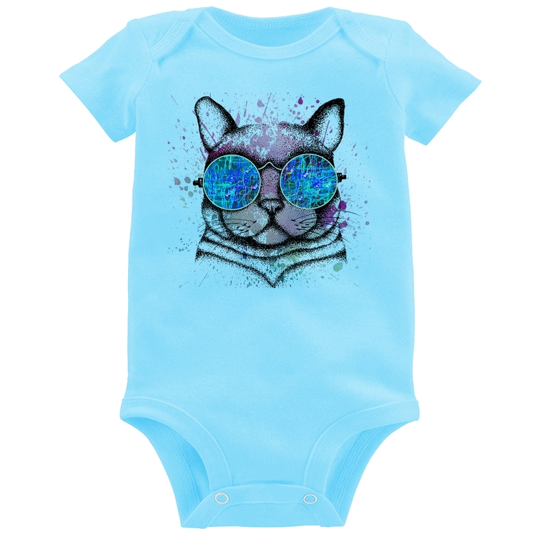 Body Bebê Gato de Óculos Psicodélico - Azul Bebê