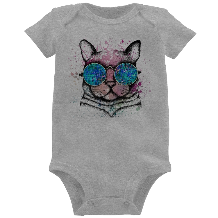 Body Bebê Gato de Óculos Psicodélico - Cinza