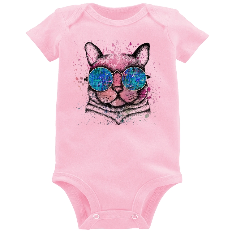 Body Bebê Gato de Óculos Psicodélico - Rosa Bebê