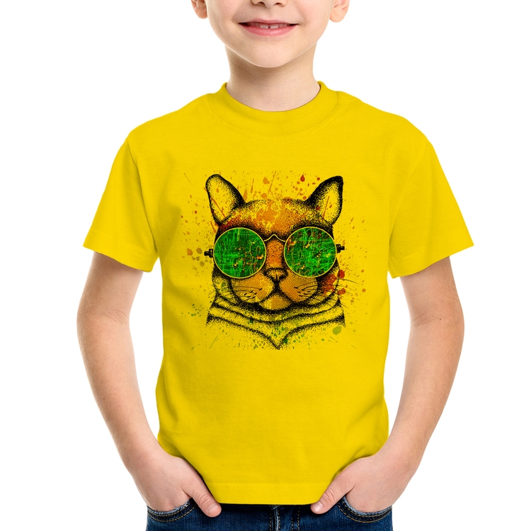 Camiseta Infantil Gato de Óculos Psicodélico - Amarela