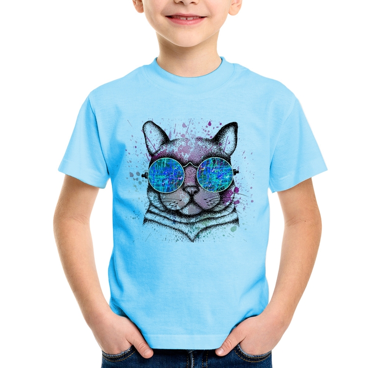 Camiseta Infantil Gato de Óculos Psicodélico - Azul Bebê