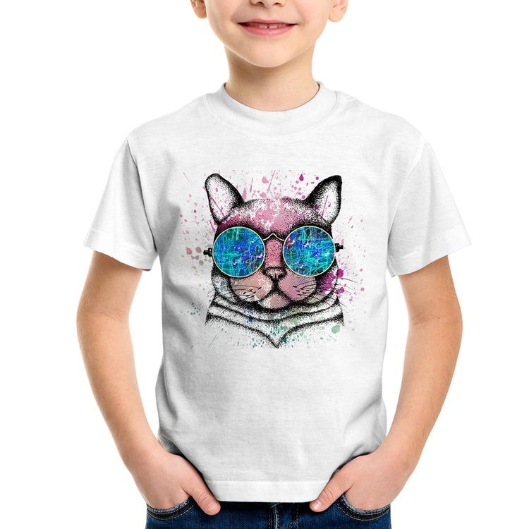 Camiseta Infantil Gato de Óculos Psicodélico