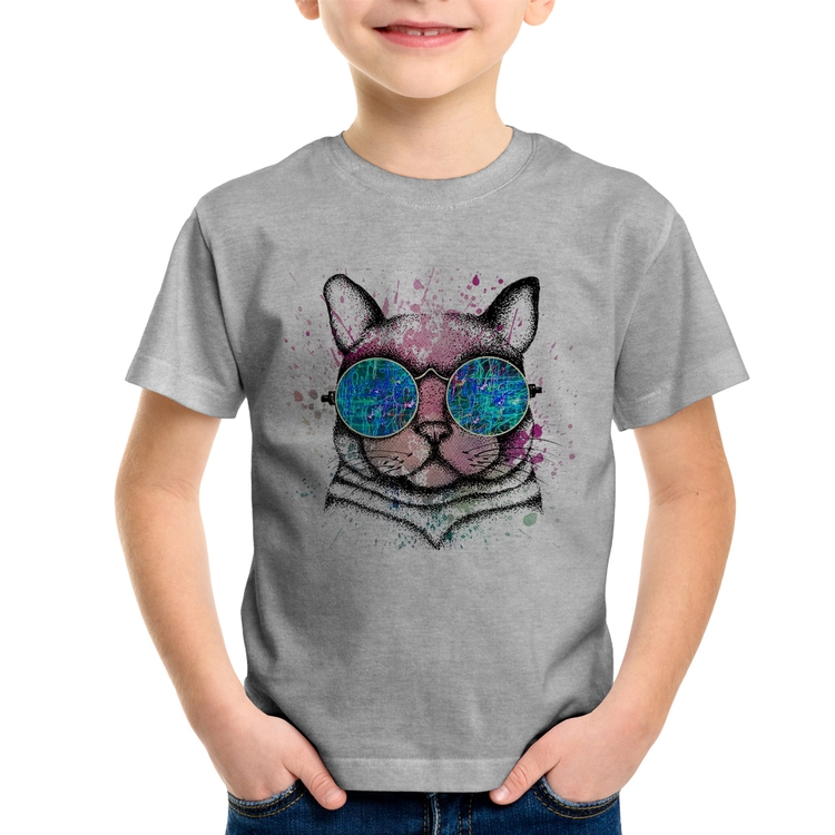 Camiseta Infantil Gato de Óculos Psicodélico - Cinza