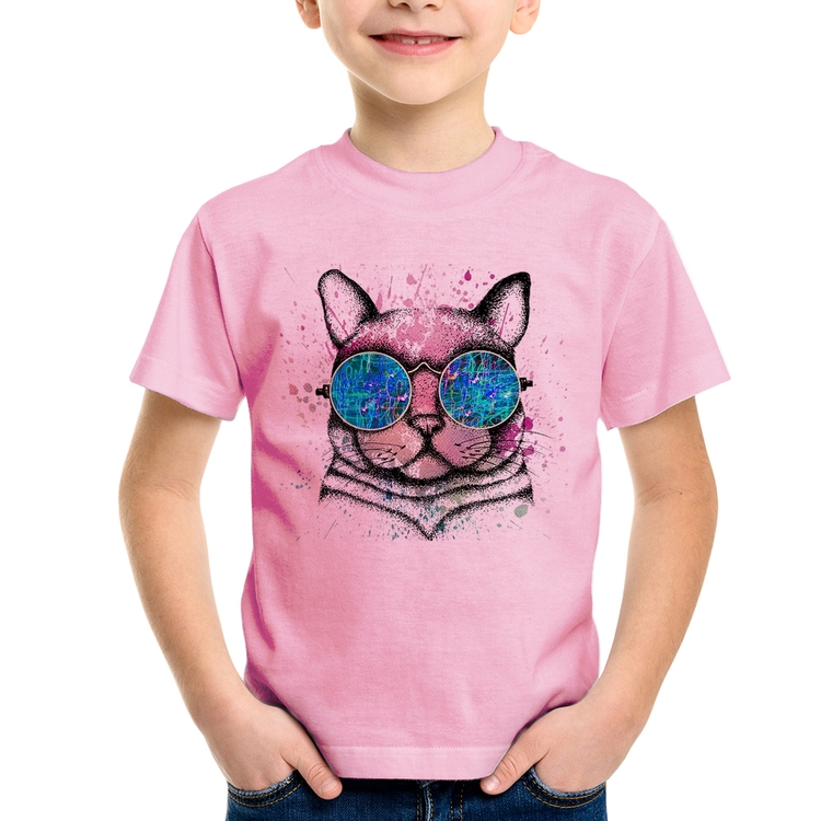 Camiseta Infantil Gato de Óculos Psicodélico - Rosa Bebê