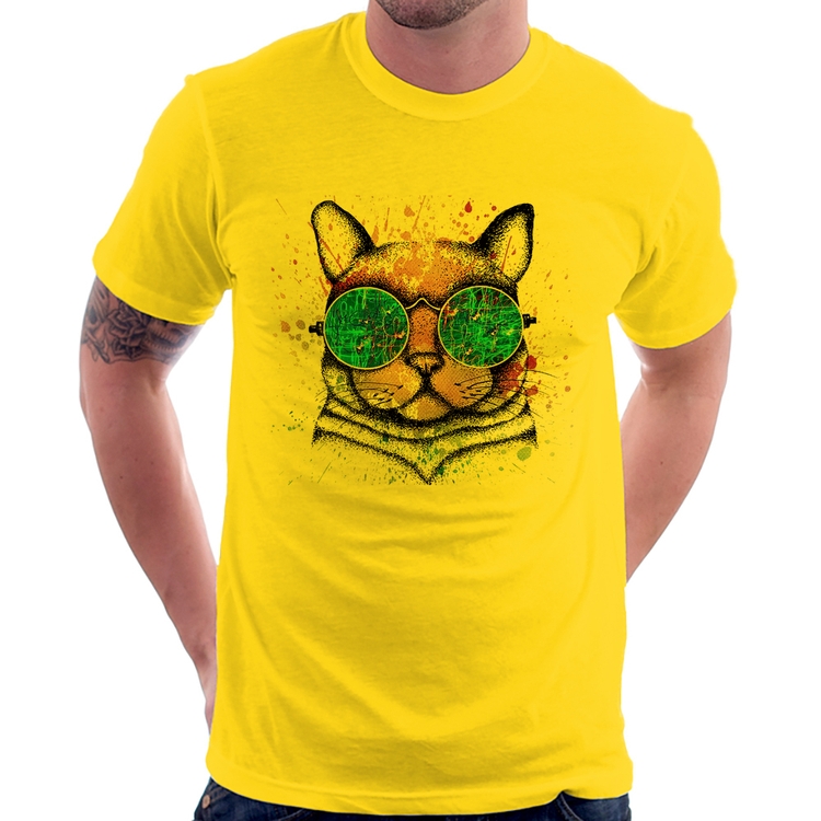 Camiseta Gato de Óculos Psicodélico - Amarela