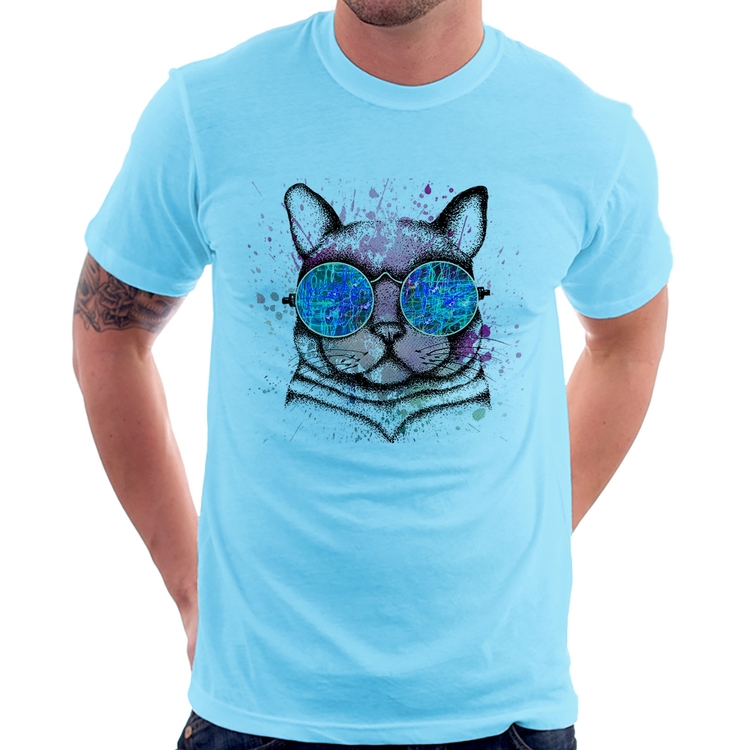 Camiseta Gato de Óculos Psicodélico - Azul Bebê