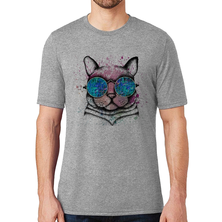 Camiseta Gato de Óculos Psicodélico - Cinza