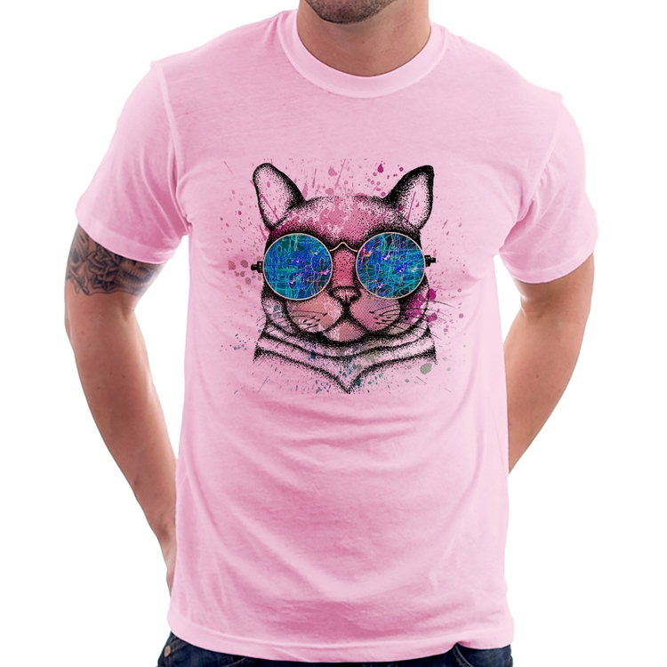 Camiseta Gato de Óculos Psicodélico - Rosa Bebê