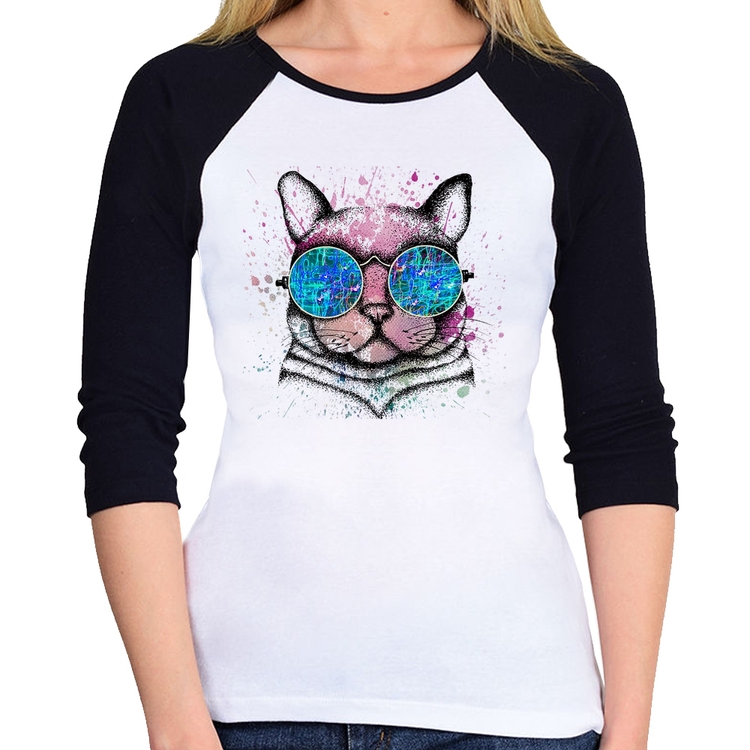 Baby Look Raglan Gato de Óculos Psicodélico Manga 3/4