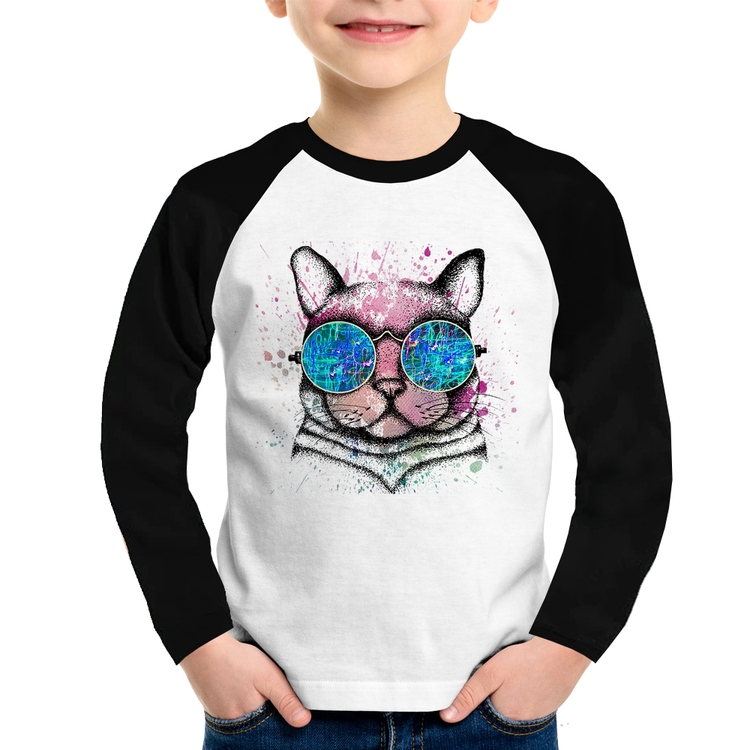 Camiseta Raglan Infantil Gato de Óculos Psicodélico Manga Longa