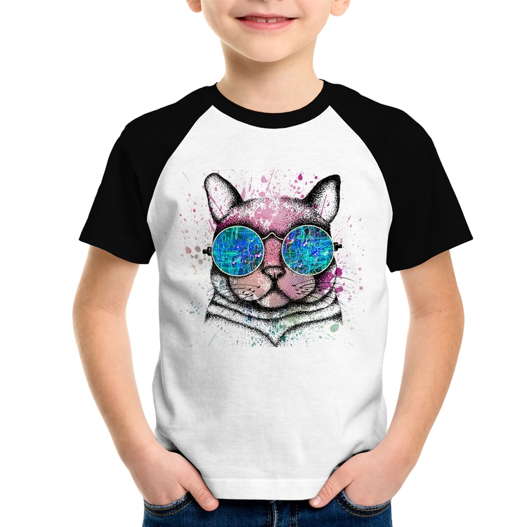 Camiseta Raglan Infantil Gato de Óculos Psicodélico