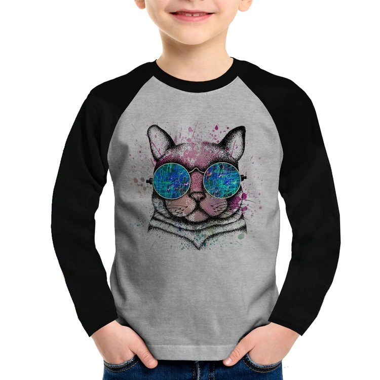 Camiseta Raglan Infantil Gato de Óculos Psicodélico Manga Longa - Cinza/Preto