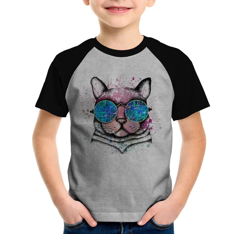 Camiseta Raglan Infantil Gato de Óculos Psicodélico - Cinza/Preto