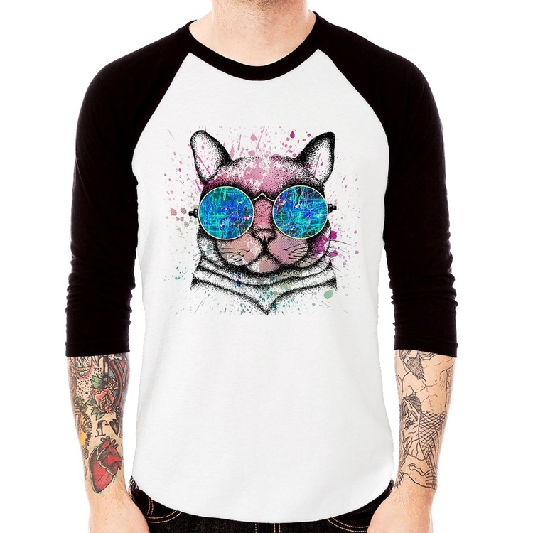 Camiseta Raglan Gato de Óculos Psicodélico Manga 3/4