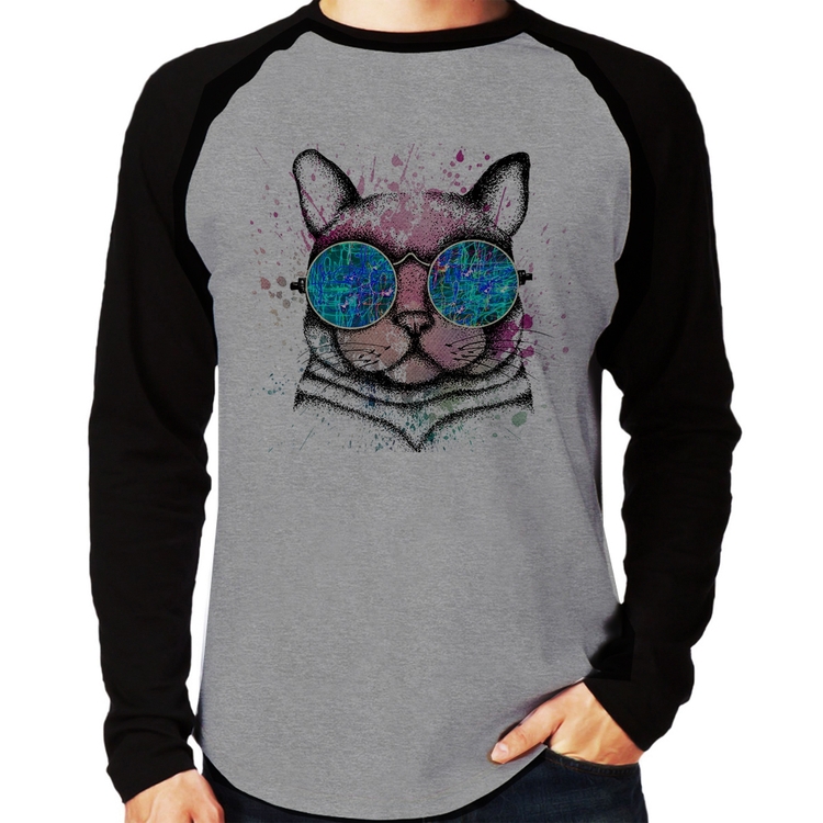 Camiseta Raglan Gato de Óculos Psicodélico Manga Longa - Cinza/Preto