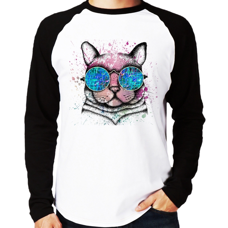Camiseta Raglan Gato de Óculos Psicodélico Manga Longa