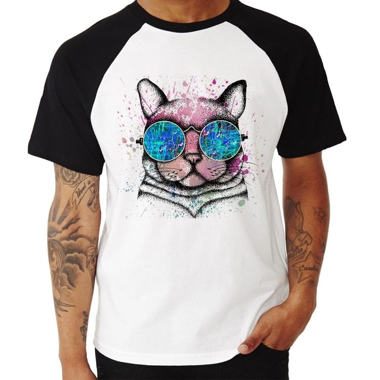 Camiseta Raglan Gato de Óculos Psicodélico