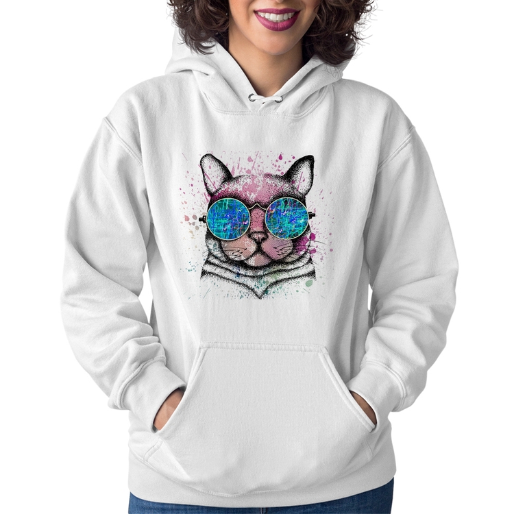 Moletom Feminino Gato de Óculos Psicodélico - Branco