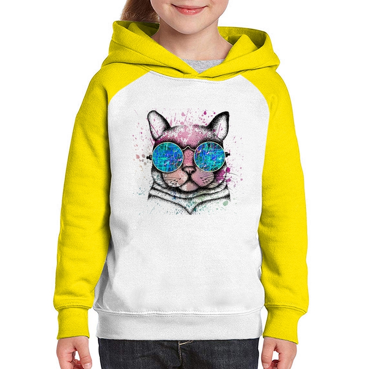 Moletom Infantil Gato de Óculos Psicodélico - Branco/Amarelo