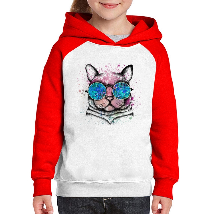 Moletom Infantil Gato de Óculos Psicodélico - Branco/Vermelho