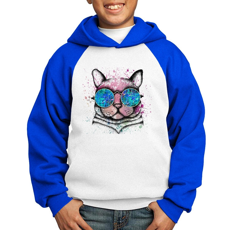 Moletom Infantil Gato de Óculos Psicodélico - Branco/Azul