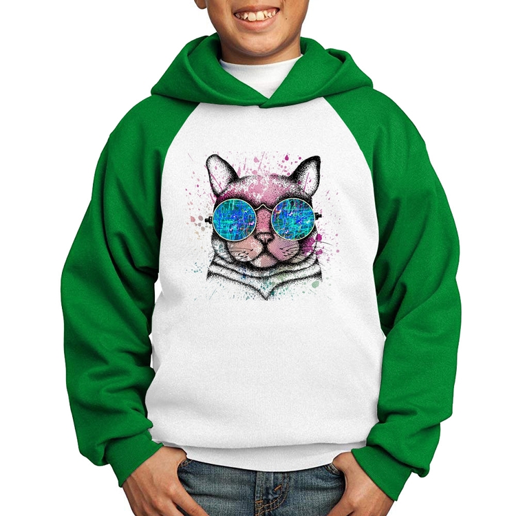 Moletom Infantil Gato de Óculos Psicodélico - Branco/Verde