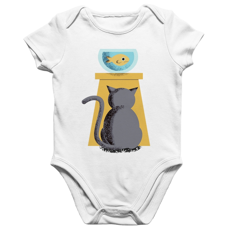 Body Bebê Algodão Gato e Aquário - Branco