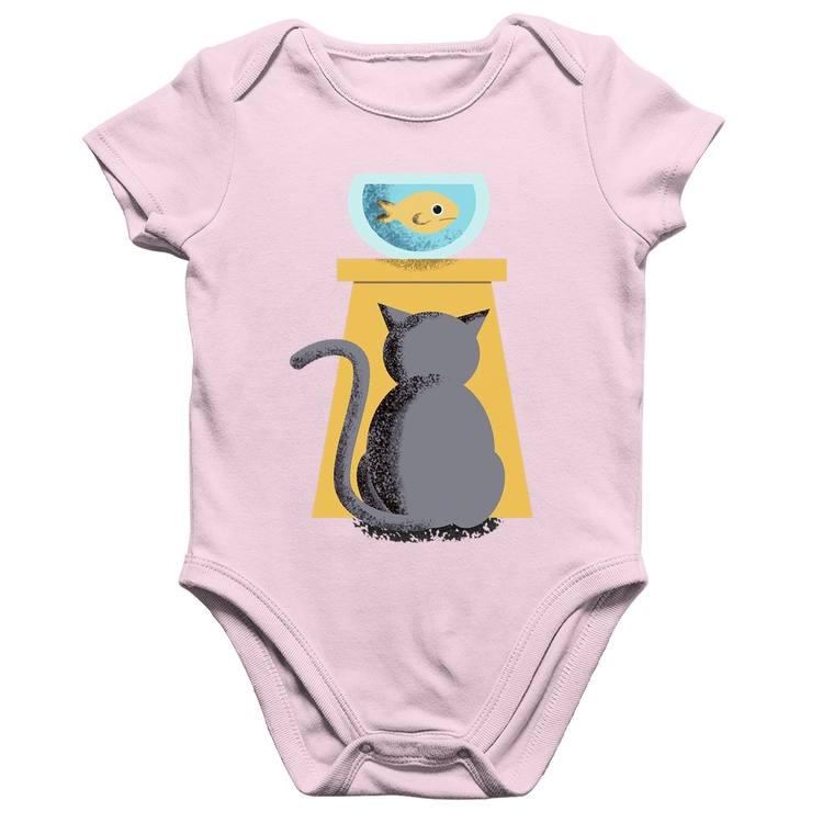 Body Bebê Algodão Gato e Aquário - Rosa Bebê