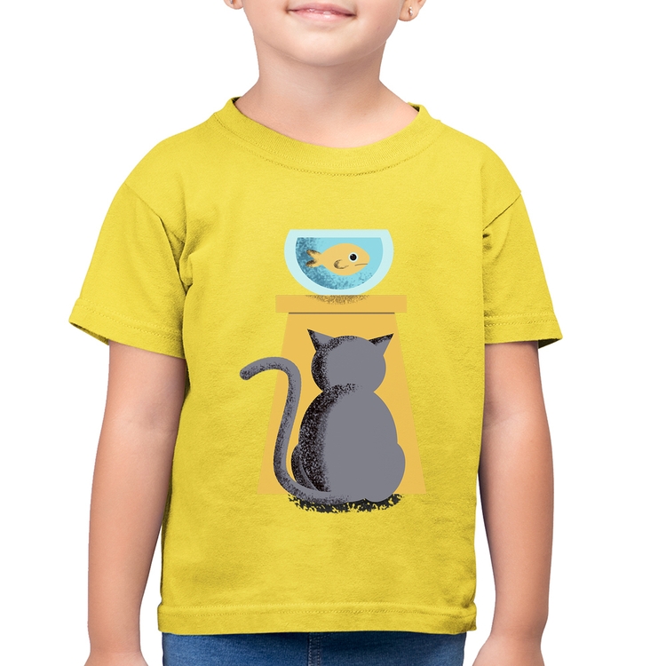 Camiseta Algodão Infantil Gato e Aquário - Amarelo Canário