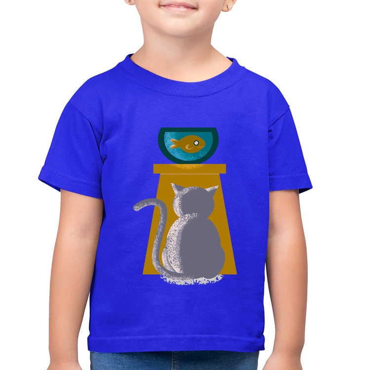 Camiseta Algodão Infantil Gato e Aquário - Azul Royal