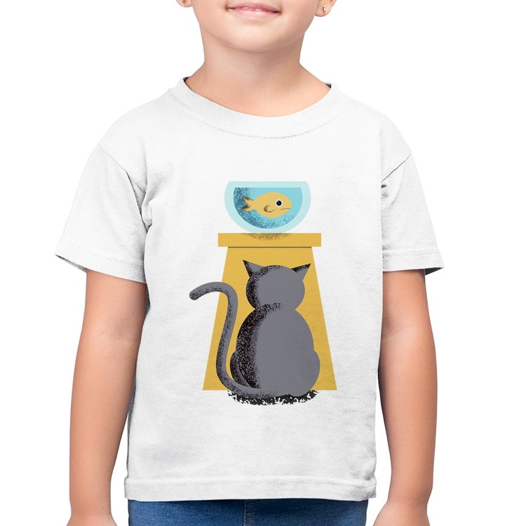 Camiseta Algodão Infantil Gato e Aquário - Branca
