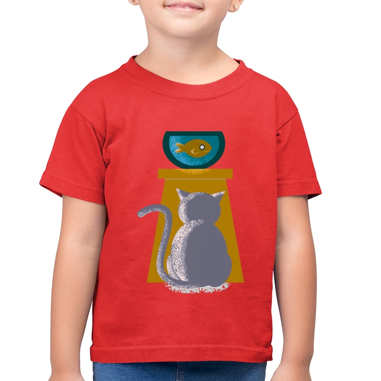 Camiseta Algodão Infantil Gato e Aquário - Vermelha