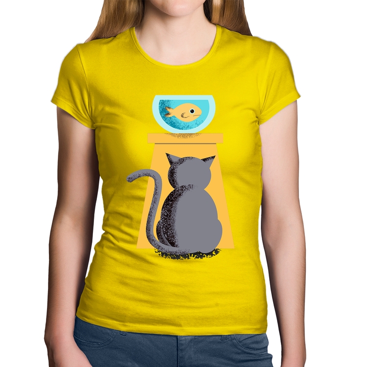 Baby Look Algodão Gato e Aquário - Amarela