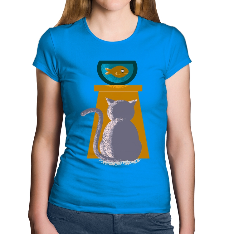 Baby Look Algodão Gato e Aquário - Azul